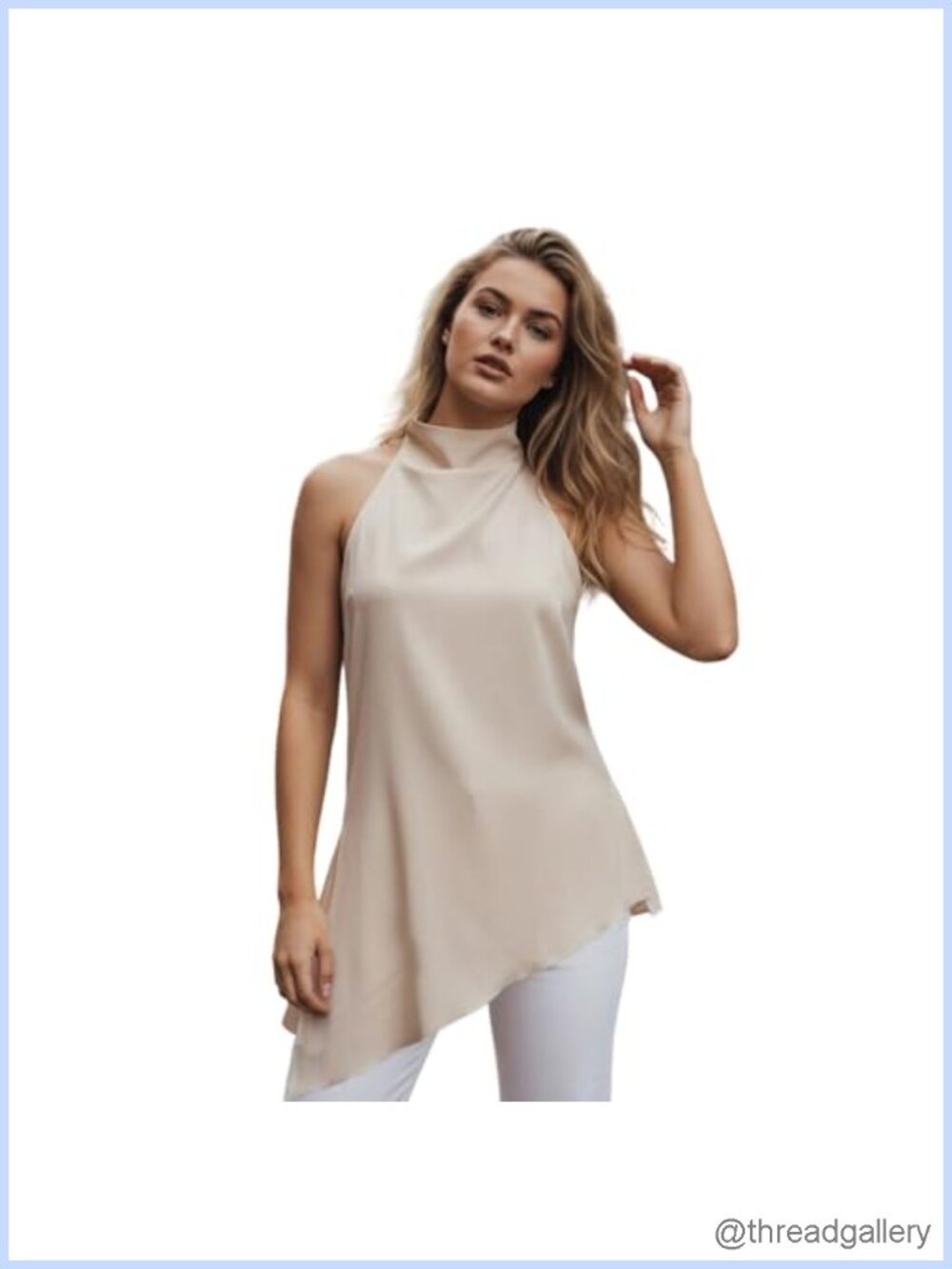 Women's Satin Mock Neck Halter Top Asymmetrical Hem